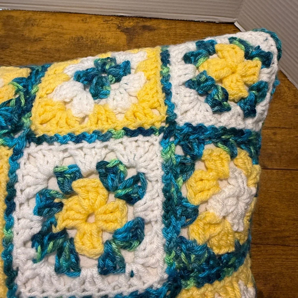 Handmade Crochet Granny Square Throw Pillow Yellow Teal White Boho 14x14 Cottage